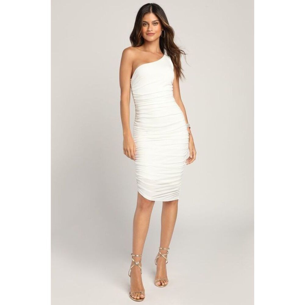 Lulus Total Appeal White Ruched One-shoulder Bodycon Midi Dress - Size XL